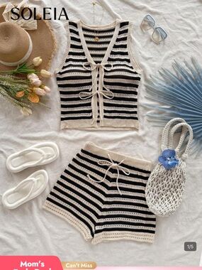 SHEIN Black and Cream Striped Knit Two-Piece Cover Up Set